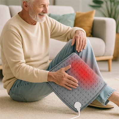 Coussin chauffant sur jambes d'homme mûr assis au sol