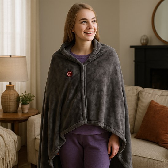 Couverture chauffante gris sur jeune femme souriante