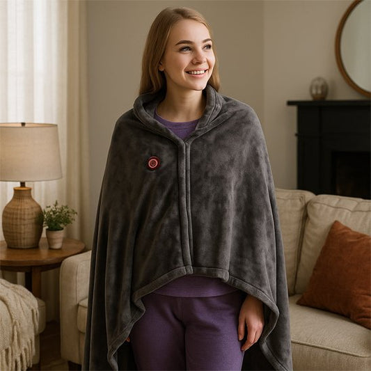 Couverture chauffante gris sur jeune femme souriante