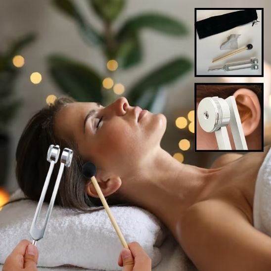 Diapason avec femme allongée et proche oreille