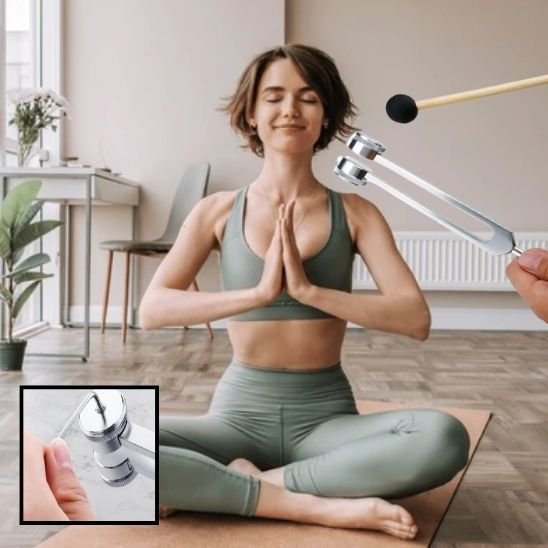 Diapason avec femme faisant du yoga et proche oreille