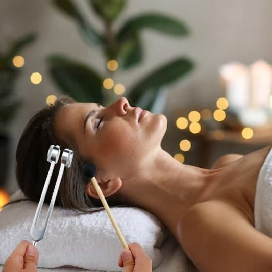 Diapason proche femme allongée sur table de massage