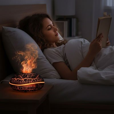 femme allongée dans lit lisant avec diffuseur huile essentielle craquelé