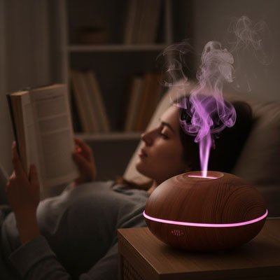 femme allongée dans lit qui lit avec diffuseur huile essentielle bois