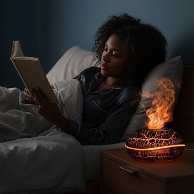 femme en pyjama dans lit avec diffuseur huile essentielle craquelé