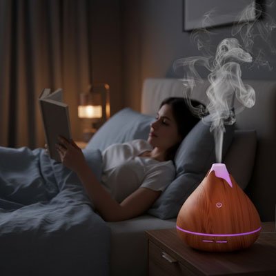 femme lisant au lit avec diffuseur huile essentielle lumière rose