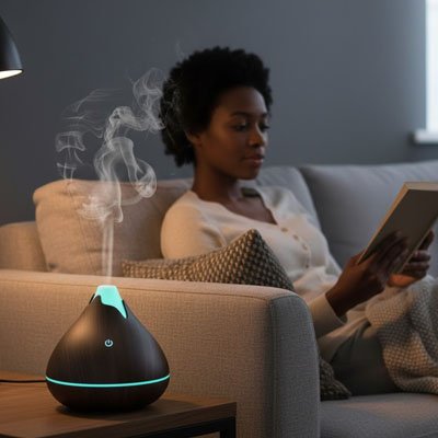 femme lisant sur canapé diffuseur huile essentielle à proximité