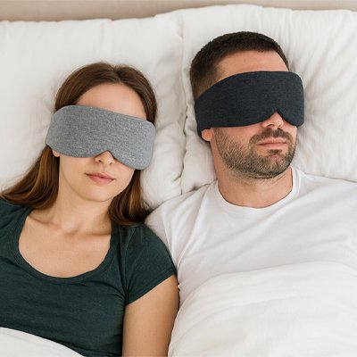 Masque de sommeil sur yeux couple sur lit