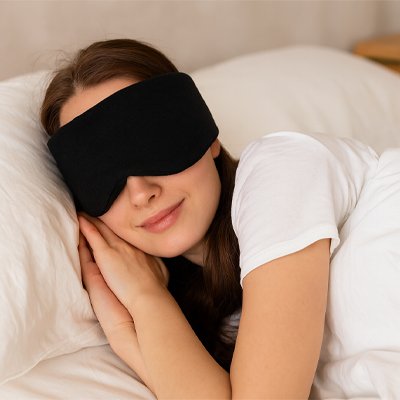 Masque de sommeil sur yeux femme dans lit