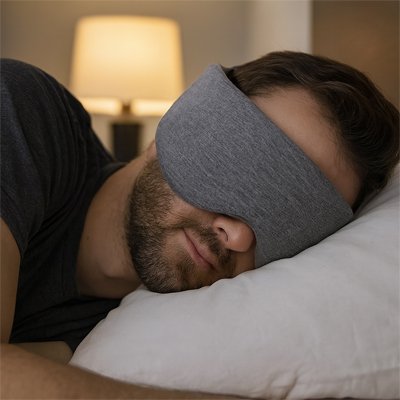 Masque de sommeil sur yeux homme dans lit